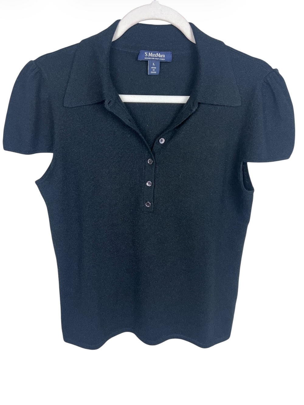S MaxMara Black Short-Sleeve Silk Cashmere Polo Knit Top with Button Placket